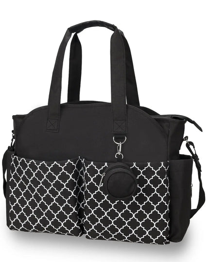Black and white patterned bag with a black strap on a white background