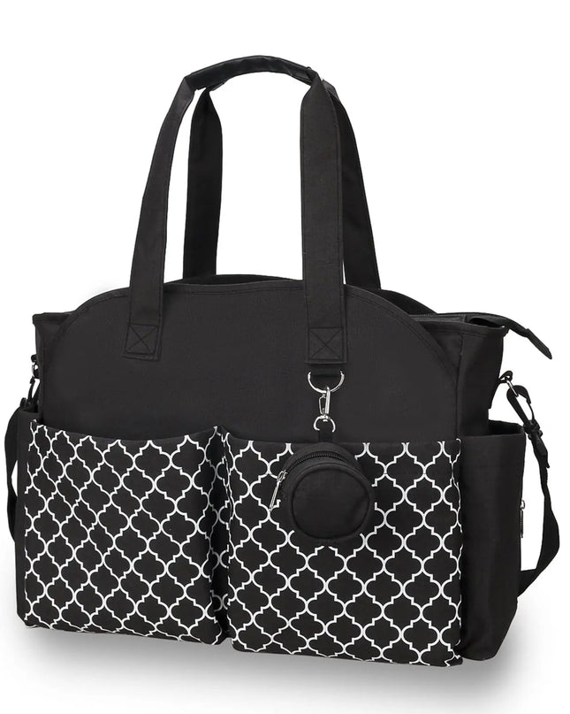 Black and white patterned bag with a black strap on a white background