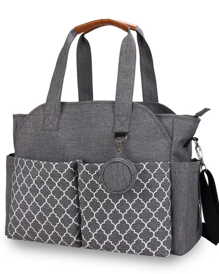 Gray diaper bag with patterned front pocket on a white background