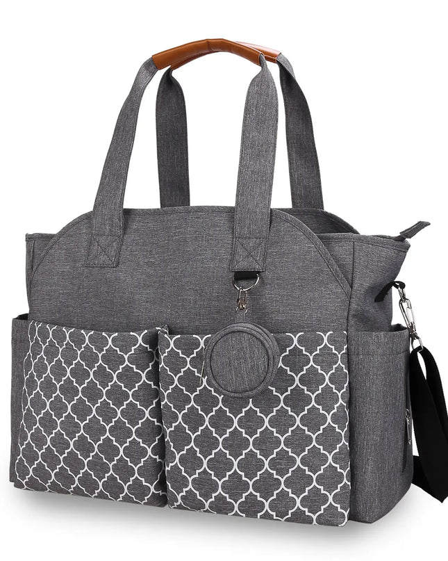 Gray diaper bag with patterned front pocket on a white background