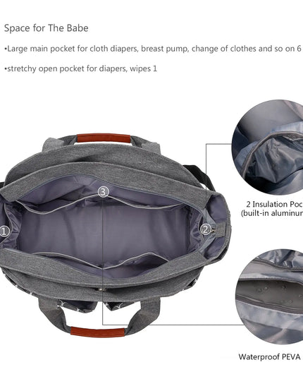 Gray backpack with features highlighted on a white background