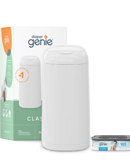 Diaper Genie product with packaging and additional canisters on a white background