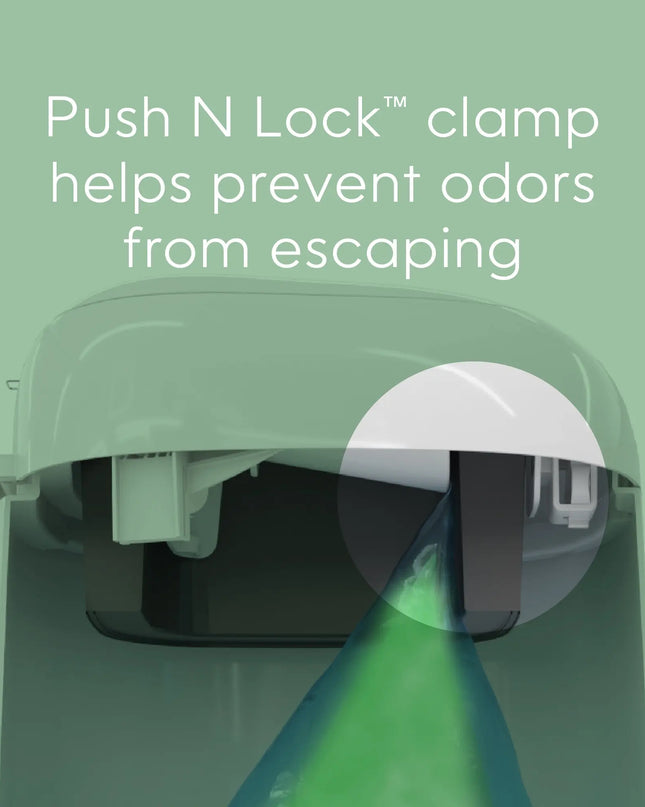 Push N Lock clamp mechanism on a green background with text about preventing odors.