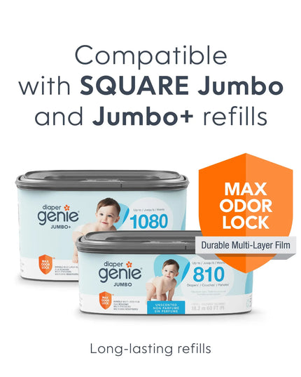 Diaper Genie refills with text highlighting compatibility and features on a white background