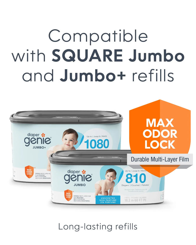 Diaper Genie refills with text highlighting compatibility and features on a white background