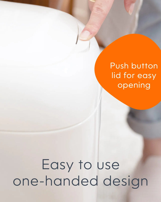 White container with a push button lid being pushed open, labeled 'Push button lid for easy opening' and 'Easy to use one-handed design'.