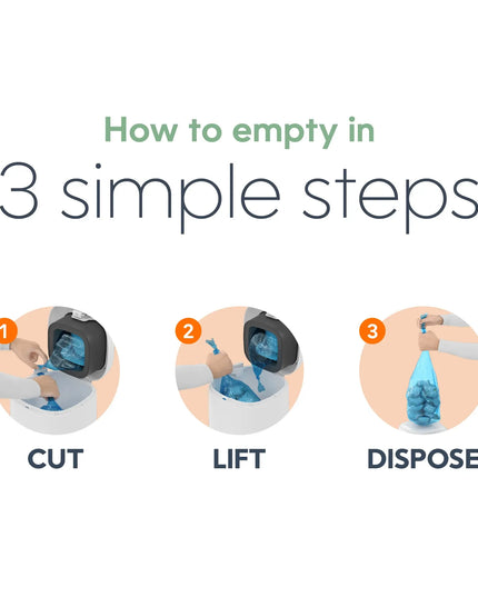 Instructions on how to empty a product in three simple steps with illustrations.