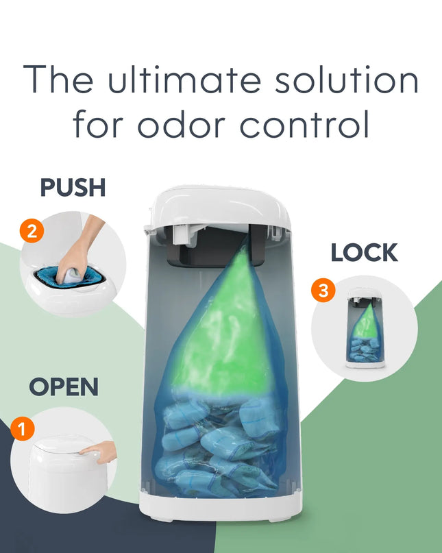 Odor control system with push, open, and lock mechanism on a green and gray background