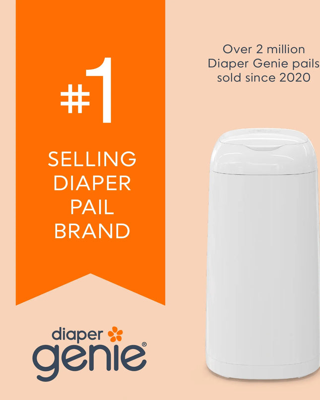 Diaper Genie pail with an orange banner stating '#1 Selling Diaper Pail Brand' and brand logo.
