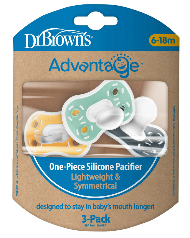 Dr. Brown's Advantage one-piece silicone pacifier packaging on a white background