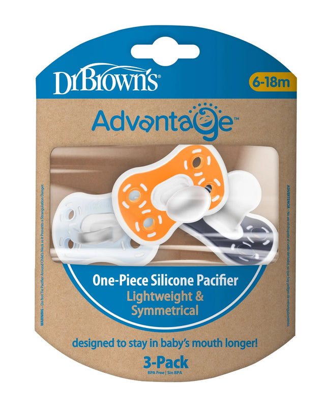 Dr. Brown's Advantage one-piece silicone pacifier packaging on a white background