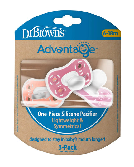 Dr. Brown's Advantage one-piece silicone pacifier packaging on a white background