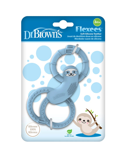 Dr Brown's Flexeez soft silicone teether packaging with sloth design on a white background