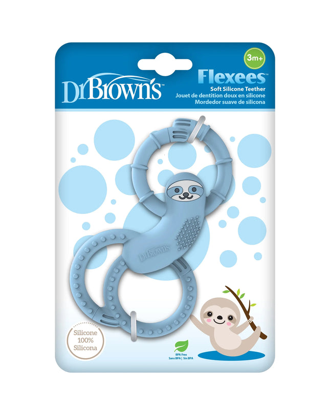 Dr Brown's Flexeez soft silicone teether packaging with sloth design on a white background