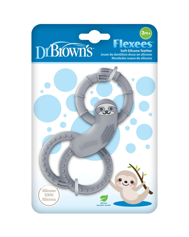 Dr Brown's Flexeess soft silicone teether packaging with sloth design on a white background