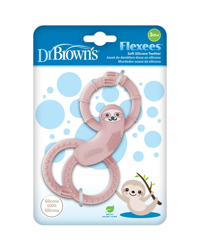 Dr Brown's Flexeez soft silicone teether packaging with sloth design on a white background