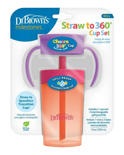 Dr. Brown's Straw to 360° Cup Set packaging with pink cup and purple handle on a white background