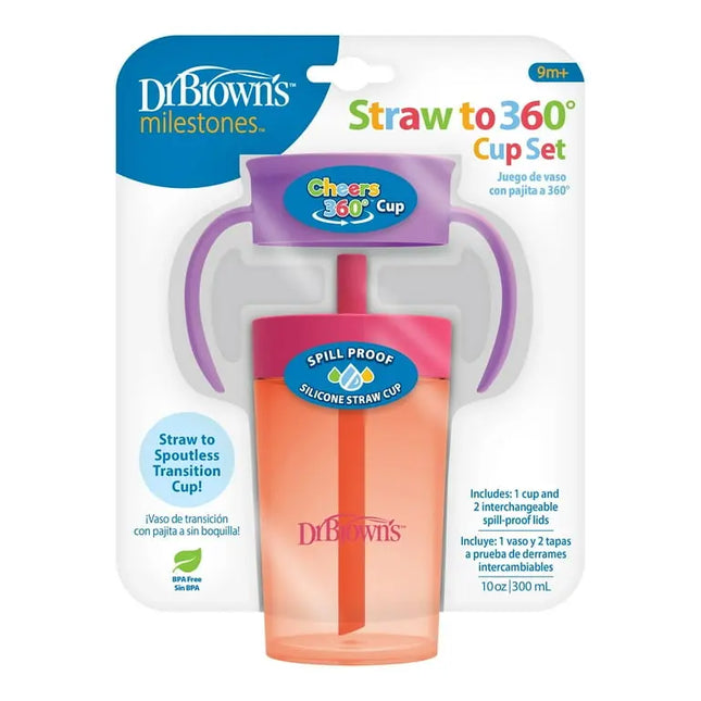 Dr. Brown's Straw to 360° Cup Set packaging with pink cup and purple handle on a white background