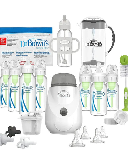 Dr. Brown's baby bottle and feeding product set on a white background