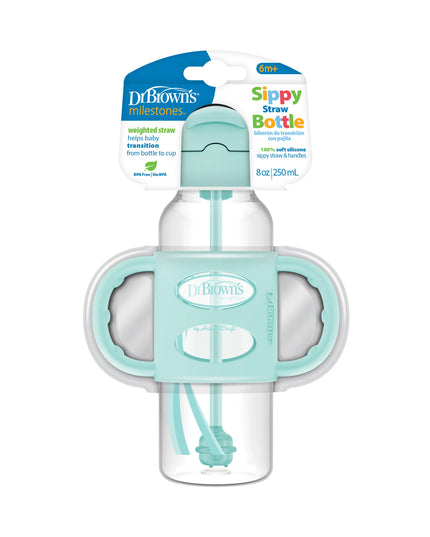 Dr. Brown's sippy straw bottle with packaging on a white background