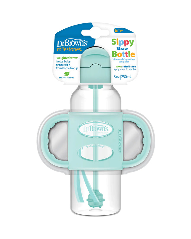 Dr. Brown's sippy straw bottle with packaging on a white background