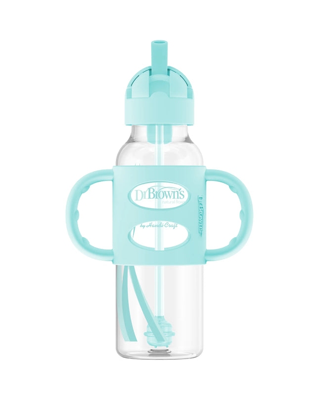 Clear baby bottle with turquoise handle and lid on a white background