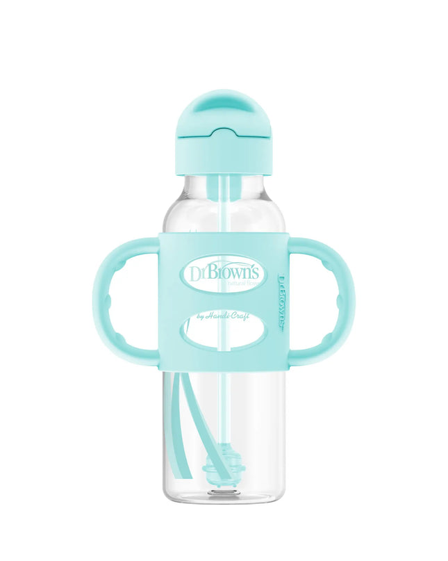 Clear baby bottle with turquoise handles and cap on a white background