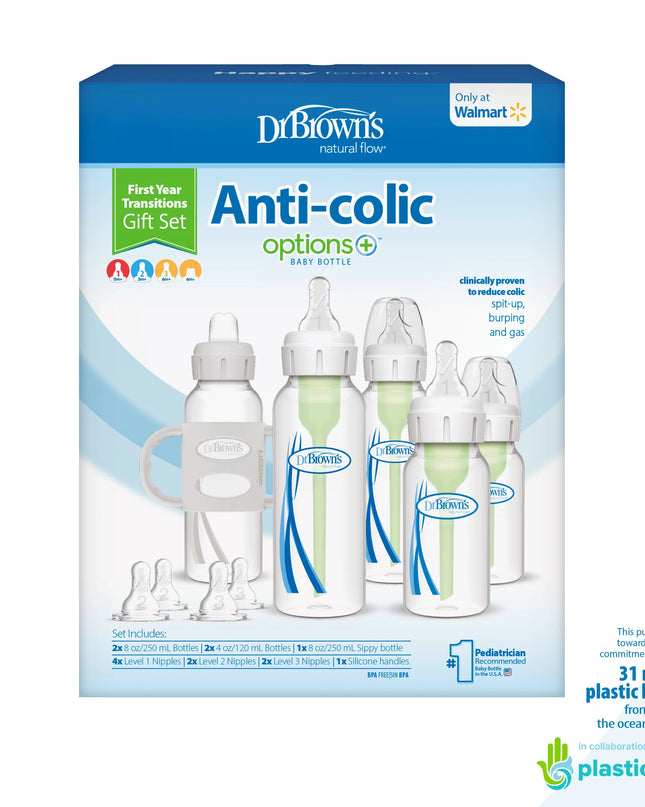 Dr. Brown's Anti-colic baby bottle set packaging with bottles and accessories on a white background.