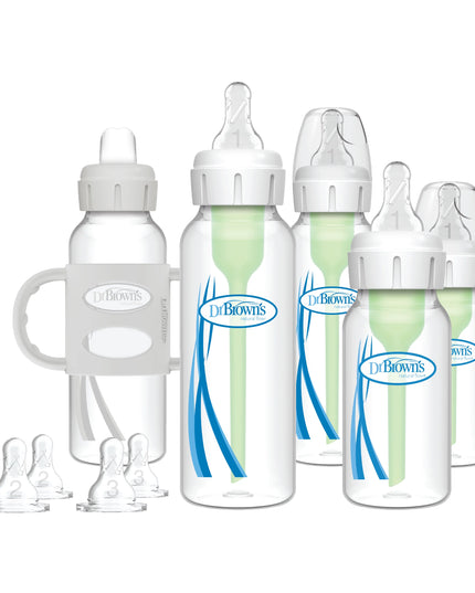 Set of Dr. Brown's baby bottles with various sizes on a white background