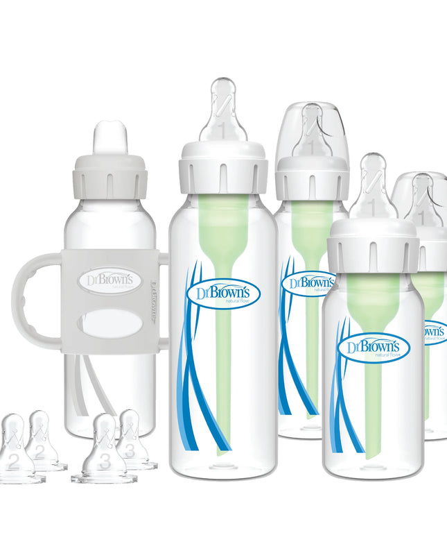Set of Dr. Brown's baby bottles with various sizes on a white background
