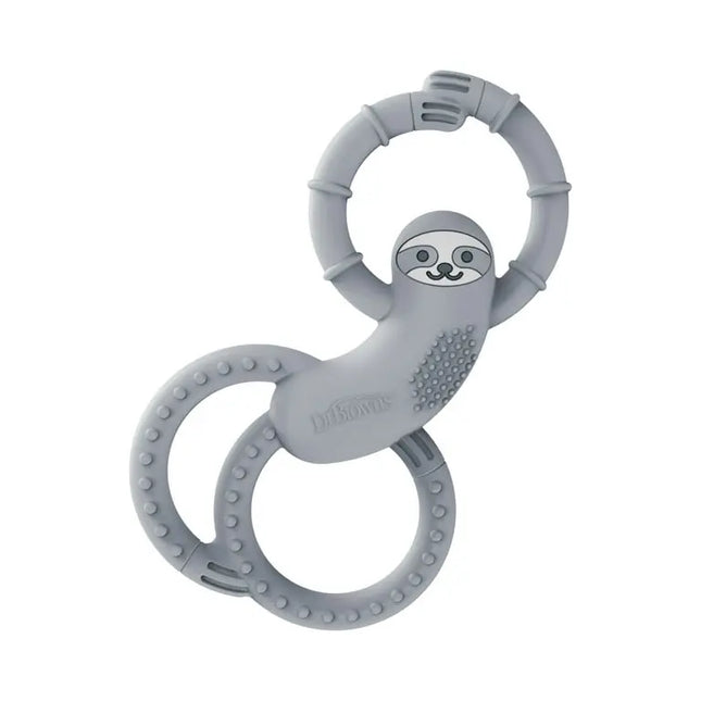 Gray sloth-shaped teething ring on a white background