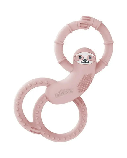 Pink sloth-shaped teething ring on a white background