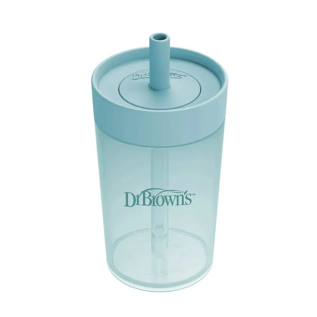 Light blue sippy cup with straw lid on a white background, featuring Dr. Brown's logo.