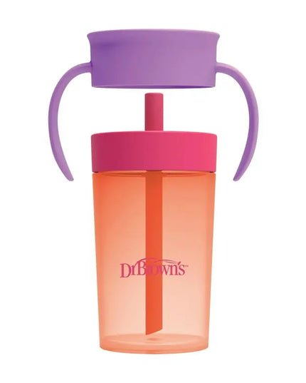 Orange sippy cup with purple lid and handle on a white background