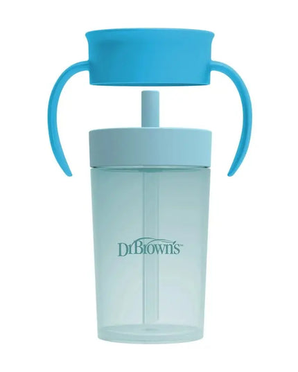 Light blue sippy cup with blue handle and straw on a white background, featuring Dr. Brown's logo.