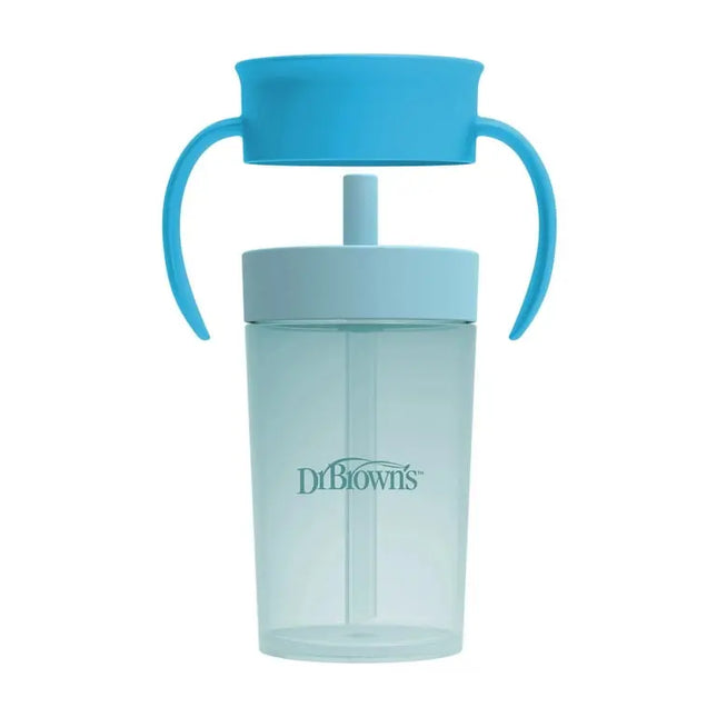 Light blue sippy cup with blue handle and straw on a white background, featuring Dr. Brown's logo.