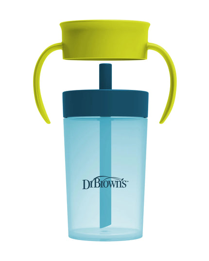 Blue sippy cup with green lid and handles on a white background