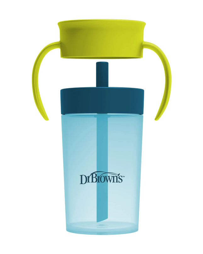 Blue sippy cup with green lid and handles on a white background