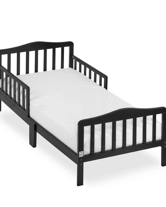 Black children's bed with white mattress on a white background