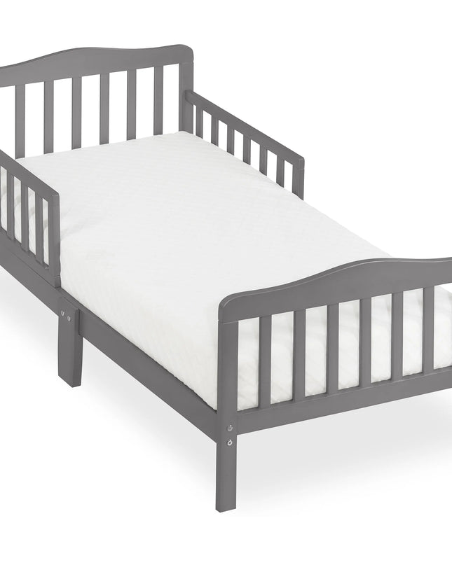 Gray children's bed with white mattress on a white background