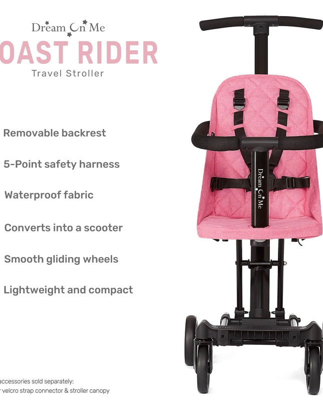 Pink travel stroller with features listed on a white background