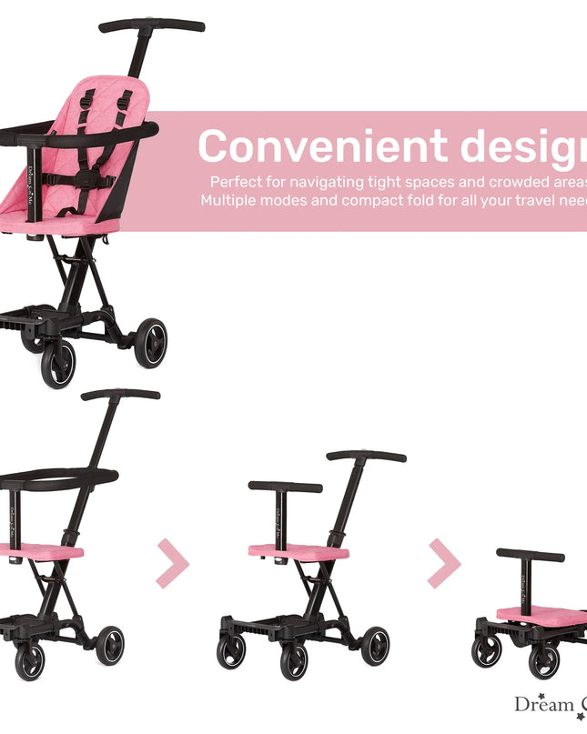 Pink and black stroller with text about its convenience and features on a white background.