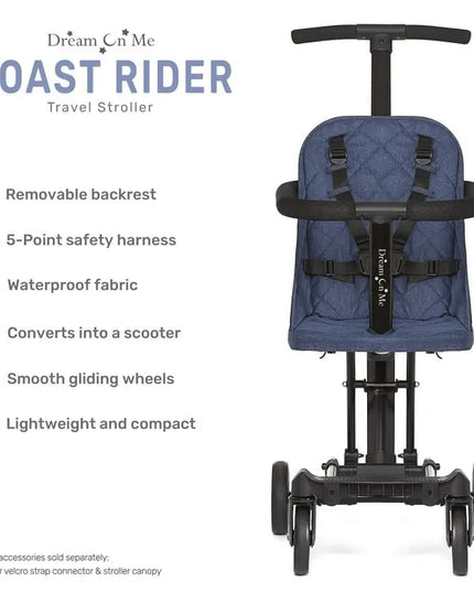 Dream On Me Coast Rider travel stroller with features listed on a white background
