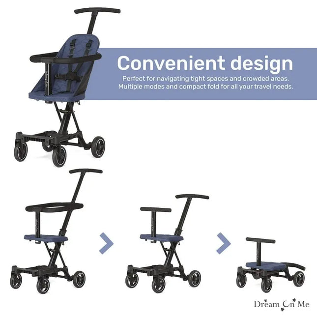 Collapsible stroller with text highlighting its convenience and versatility