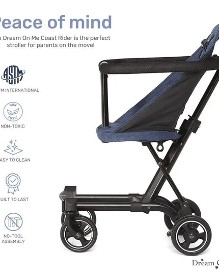 Black stroller with blue seat on a white background, featuring ASTM International certification and other benefits.