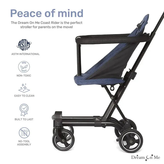 Black stroller with blue seat on a white background, featuring ASTM International certification and other benefits.