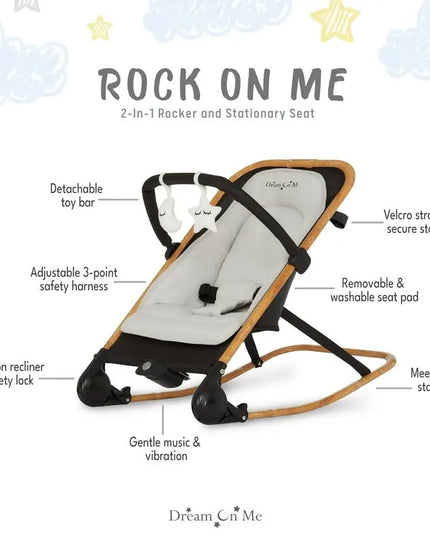 Baby rocker with features labeled on a white background