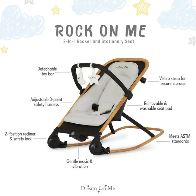 Baby rocker with features labeled on a white background
