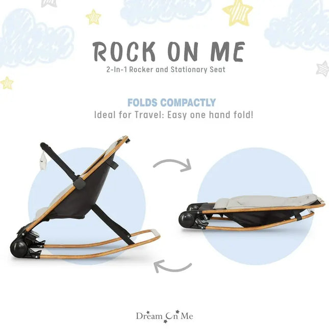 2-in-1 rocker and stationary seat with folding mechanism on a light blue background