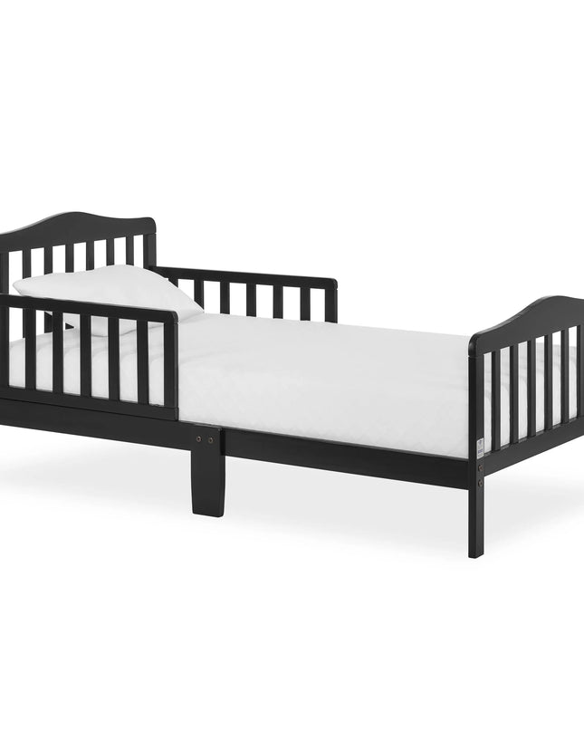 Black toddler bed with white mattress on a white background